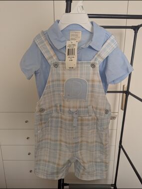 First Impressions Light Blue Plaid Elephant Overalls with Blue Polo